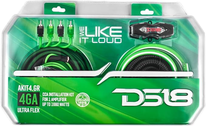 DS18 AKIT4.GR 4-GA Amplifier Installation Kit Up to 1680 Watts RMS, Mini-ANL Fuse Holder, Speaker & RCA Cables, CCA Amplifier Wiring Kit, Ultra Flex Wire, Amp Wire Kit, Amp Wiring Kit 4 Gauge - Green