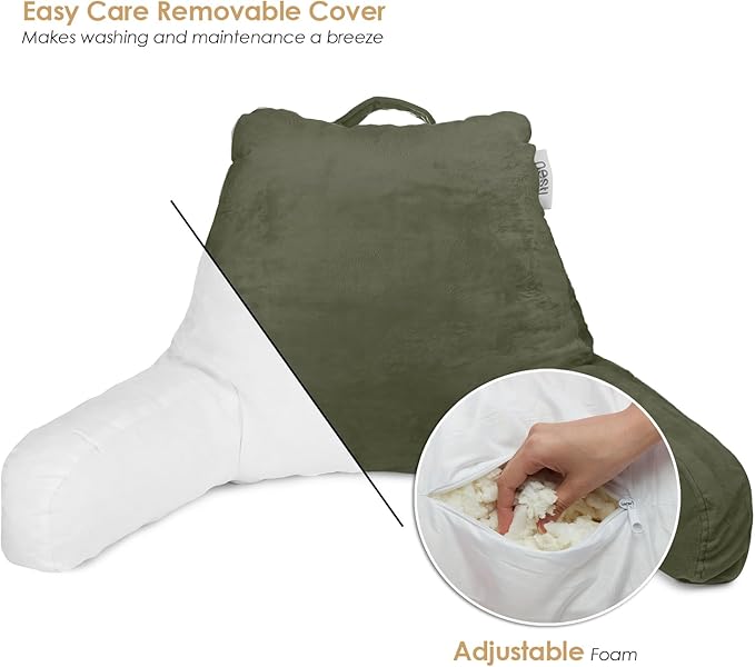 Nestl Reading Pillow with Shredded Memory Foam, Designed for Sitting Up in Bed and Couch, Back and Arms Adjustable Support for Adult & Teens Backrest Pillows for Reading, Washable Cover, Olive Green