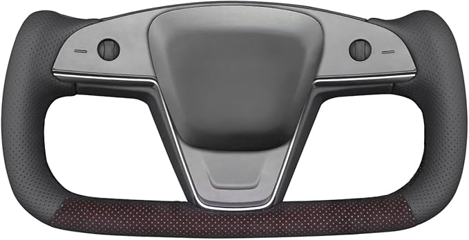 MEWANT DIY Black Perforated Real Leather Mesh Athsuede Red Layer Steering Wheel Cover for Tesla Model S Yoke Model X