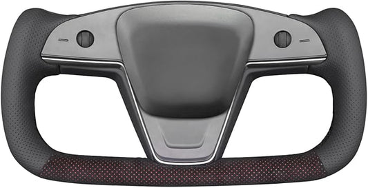 MEWANT DIY Black Perforated Real Leather Mesh Athsuede Red Layer Steering Wheel Cover for Tesla Model S Yoke Model X