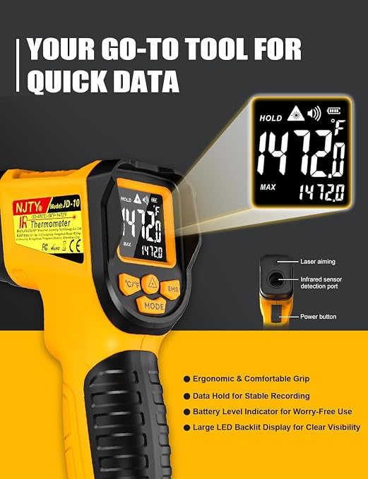 NJTY Infrared Thermometer Gun, -58℉ to 1472℉, High Precision, Non-Contact Laser Temperature Sensor with Backlit LCD, for Cooking, BBQ, Automotive, Industrial Use