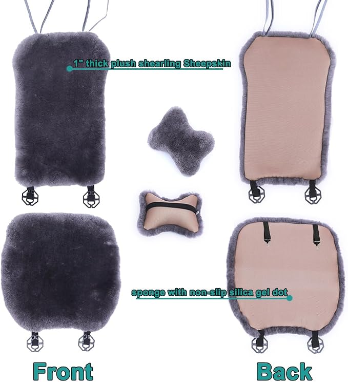 OGLAND Shearling Sheepskin Car Seat Cover, Fluffy Fuzzy Soft Fur Auto Seat Cover for Universal Comy Seat Cushion Accessories Automobiles (3 Pack Front, Misty Gray)
