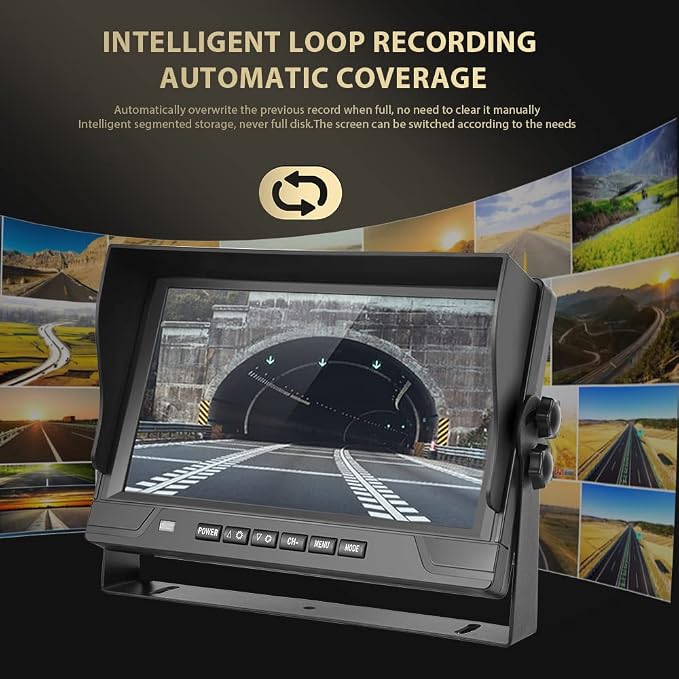 9 Inch 4-Channel 1080P Wired Backup Camera System with DVR, Quad Split Screen Monitor, 4 Waterproof Night Vision Cameras Included, Loop Recording, Remote Control for Truck/RV/Trailer/Bus/Car