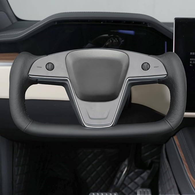 MEWANT DIY Black Solid Hexagon Embossed Faux Leather Steering Wheel Cover for Tesla Yoke Model S 2021-2023 Model X