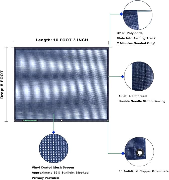 Leaveshade RV Awning Sun Shade Screen 8' X 10' 3'' (Fit for 11' Awning) Mesh Sunshade for RV Awning Sunscreen Motorhome Camping Trailer Awning Screenshade Block UV Glare - 3 Year Warranty (Navy Blue)