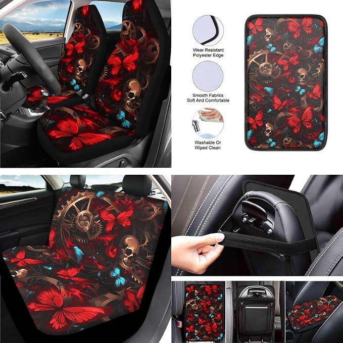 Skull Butterfly Gothic Decor Car Seat Cover Full Set 13 Pcs Halloween Art Painting Front Back Seat Cover Steering Wheel Cover,Seatbelt Pad Keychain Coaster