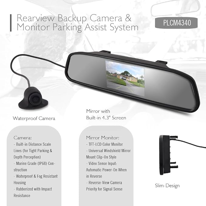 Pyle PLCM4340 Car Vehicle Rearview Backup Camera & Mirror Monitor Parking Kit, Waterproof Night Vision Cam, 4.3'' Screen, Distance Scale Lines, Night Vision
