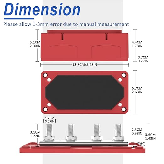 Heavy Duty Bus Bar 300A 12V Power Distribution Block with 5/16" (M8) 4-Posts Terminals Block with Cover for Automotive, Marine, Battery System (Black & Red)