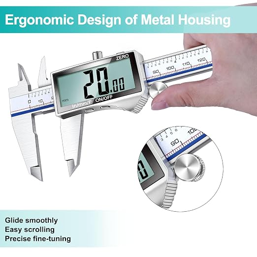 Kynup Digital Caliper Measuring Tool, Vernier Dial Caliper Digital Outside Micrometer, 6 Inch Caliper DIY Tool, Stainless Steel, Large Screen, Splash Proof, Inch Metric Fraction Switch