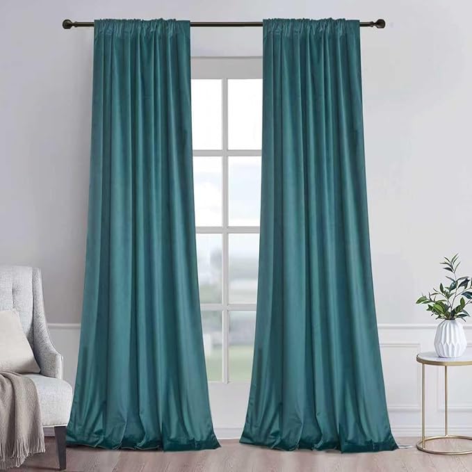 Roslynwood Luxury Soft Teal Blue Velvet Curtains 90 inches Long Back Tab Thermal Insulated Blackout Window Drapes for Living Room/Bedroom/Dining Room, W52 x L90, 2 Panels