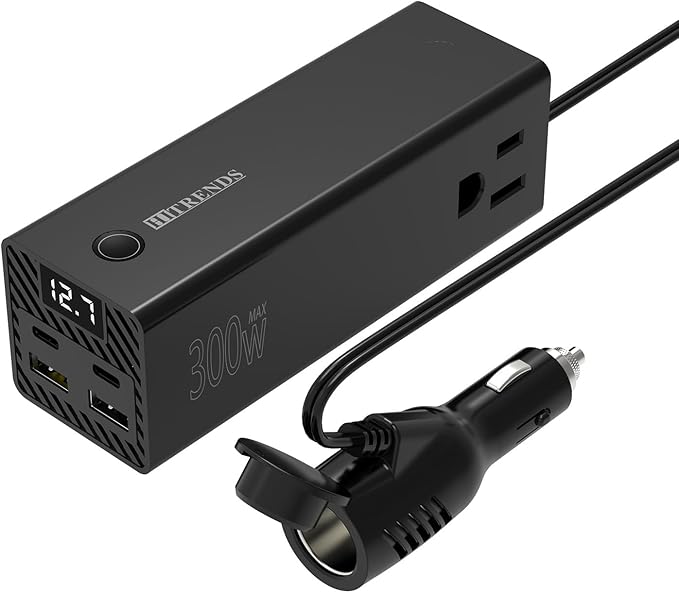 HITRENDS 300W Car Power Inverter, DC 12V to AC 110V with 2 USB Ports, 2 Type-C Ports, and 2 AC Outlets for Car, Home, and Travel Use (Black)