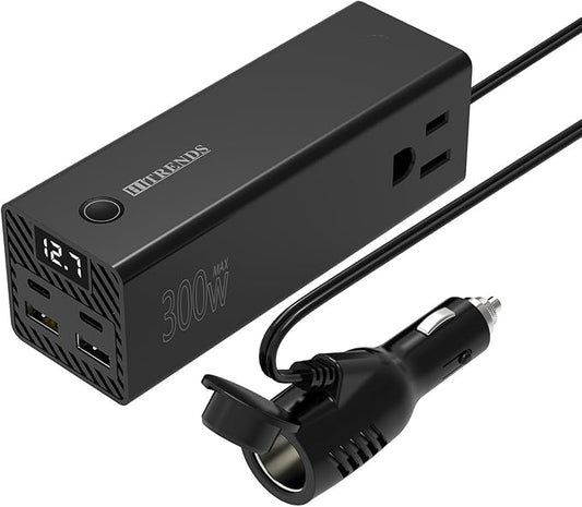 HITRENDS 300W Car Power Inverter, DC 12V to AC 110V with 2 USB Ports, 2 Type-C Ports, and 2 AC Outlets for Car, Home, and Travel Use (Black)