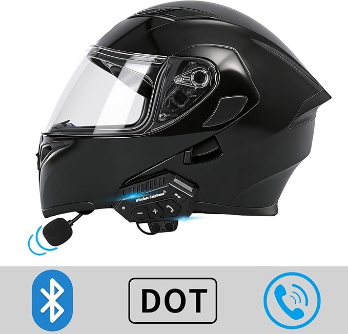 Motorcycle Bluetooth Modular Helmet, DOT FMVSS-218 Approved Flip Up Full Face Motorcycle Dual Visor Helmet, with Dual Speakers and Microphone, for Adults Men and Women
