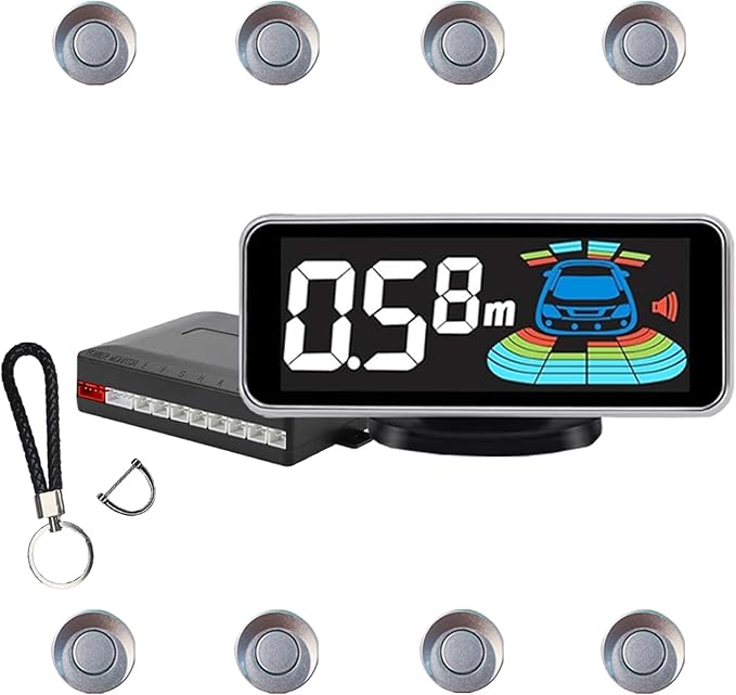 Backup Parktronic System Car Auto Vehicle Reverse with 8 Parking Sensors kit, LCD Display, Distance Detection (Meter/Foot Switchable), Buzzer Alarm and Voice Prompt Function（Light Grey）