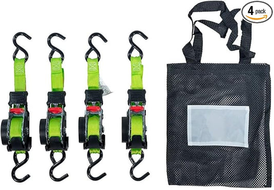 Mytee Products 4 Pack Retractable Ratchet Tie Down Straps w/S Hook - 1,500lb Break Strength Self Retracting Ratchet Straps for Haul Motorcycles, ATVs, Bikes, Trailer Tie-Down