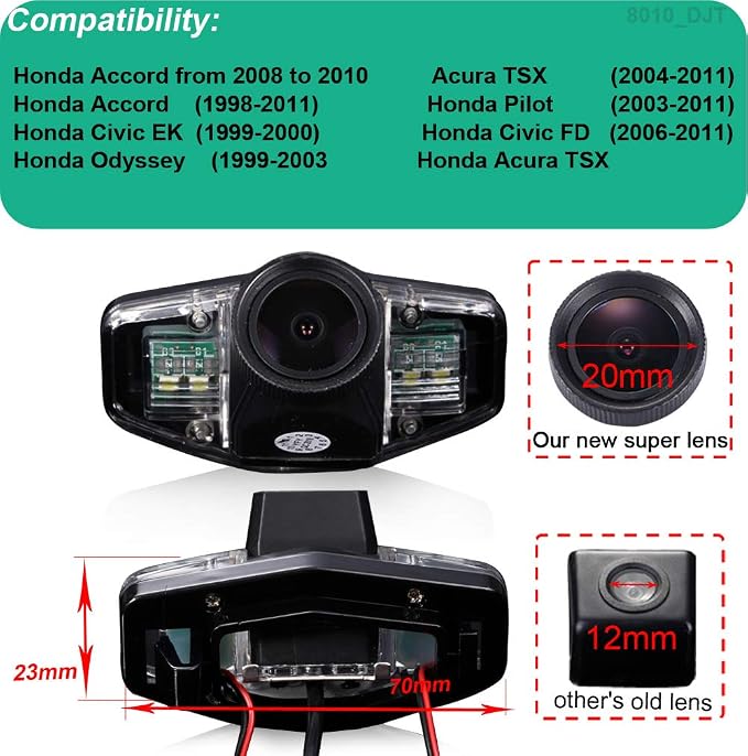HD 20MM LENS IP68 1280Pixels Auto Vehicle Van 170° Wide Angle License Plate Light Rear View Reversing Backup Camera Parking Aids System Compatible with Honda Accord/Acura TSX/Pilot/Civic EK FD/Odyssey