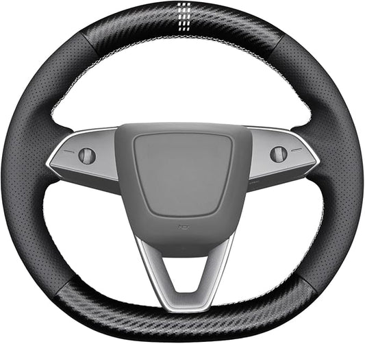 MEWANT Black Matte PU Carbon Fiber Faux Leather Steering Wheel Wrap for Tesla Model3 Highland 2025 Model Y Juniper 2025