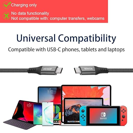 30FT USB-C to USB-C Cable 60W(no data), Extra Long USB Type-C to Type-C Cable 2.0, USB C Charger Cable for iPhone 15,MacBook Pro 2020,iPad Air 5th,Galaxy S24 S23 S22,Note 20,Pixel 7,Switch,Moto,Grey