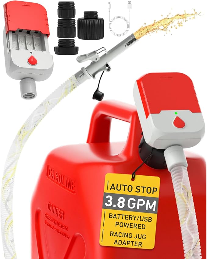 Fuel Transfer Pump with Auto-Stop, 3.8 GPM Battery or USB Powered Cordless Gas Pump, Portable Electric Pump for Gas Can with 51" Hose & 4 Adapters for Gasoline, Diesel, Oil–Spill-Free Refueling