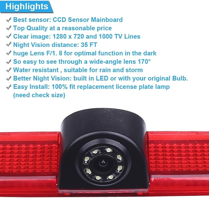 Car Third Roof Top Mount Brake Lamp Light Rear View Reverse Camera,for Benz Sprinter W906 VW Crafter Multivan Caravelle T6 Transporter/Transit/Caravan/Master AA/ohnmobi (with 7-inch Rearse Mirror)