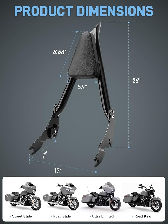 26" Motorcycle Sissy Bar Backrest, Detachable Passenger Backrest High-Strength Steel Sissy Bar Compatible with Harley Touring Street Road Glide Road King Street Glide 2009-2026