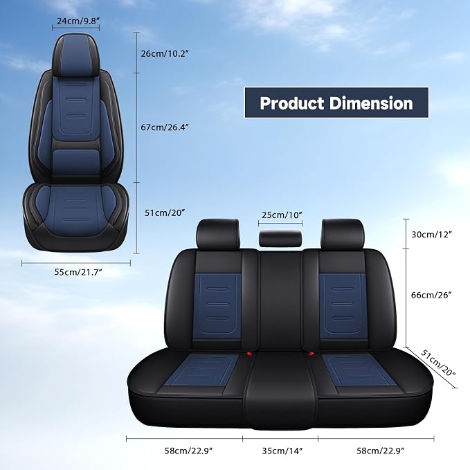 otoez Nappa Leather Car Seat Covers Full Set, Breathable Leather Automotive Seat Covers Front & Rear Seat Protectors with Lumbar Support, Universal Fit for Most Cars SUV Truck Sedan (Black+Blue)