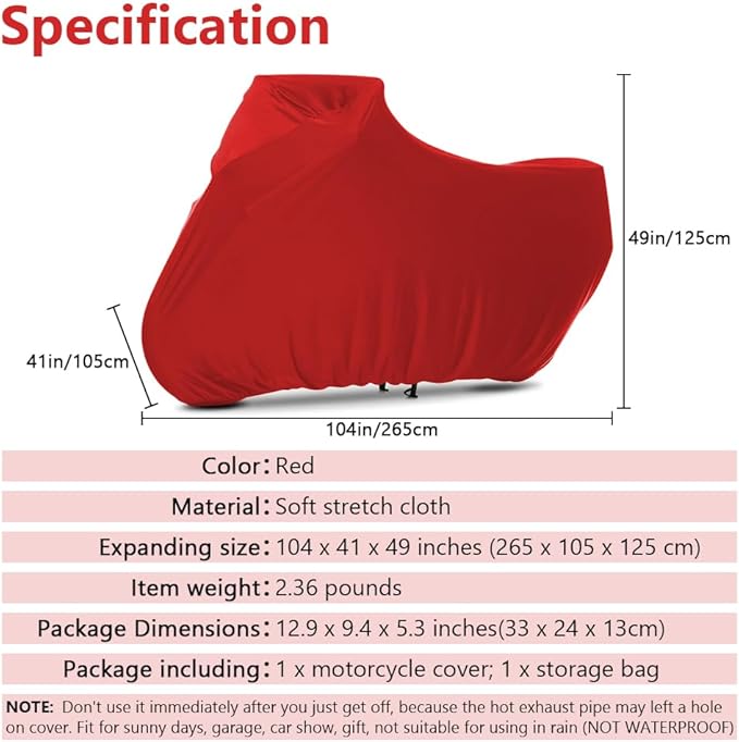 Indoor Motorcycle Cover Universal Dustproof Cover Soft Stretch Durable Motorbike Cover for All Motor,104 inches,Red