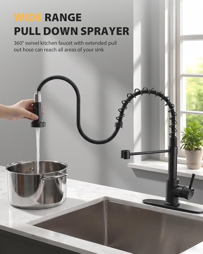 Hiqufet Kitchen Faucet with Pull Down Sprayer, High Arc Single Handle Kitchen Sink Faucet for Pot Filler, Single Hole Single Handle Stainless Steel Bar Sink Faucets