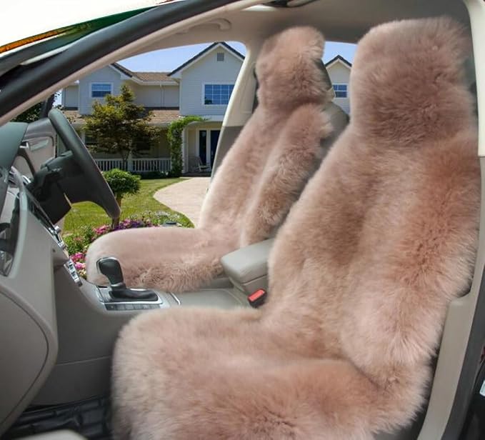 Winter Warm Authentic Australia Sheepskin Car Seat Cover Luxury Long Wool Front Seat Cover Fits Most Car, Truck, SUV, or Van (Cameo Brown)
