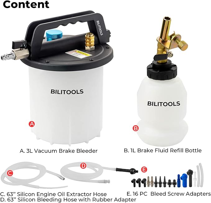 BILITOOLS 3L Brake Bleeder Vacuum Pump Kit Air Compressor, Universal One Person Pneumatic Brake System Clutch Fluid Bleeding Extractor Tool with Adapters & 1L Refilling Bottle