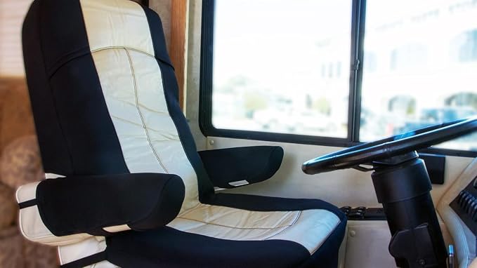 RV Designer GripFit+ Motorhome Seat Covers 1-Pack C893 - Premium 100% PVC Leatherette –Class-A RV - Pet-Friendly, Easy-to-Clean, Durable, Fire Retardant - Side Pockets – Black and Tan