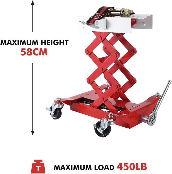 GarveeTech 450 LBS Low Profile Transmission Jack - Heavy-Duty Auto Repair Lift with 7-23 Inch Height Range, 2M Safety Straps & 4 Brake Wheels for Safe, Smooth Repairs - Red