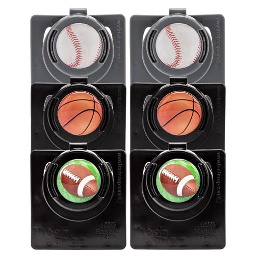 Reusable Bag Holders for Trash & Recycling | Eco-Friendly, Adhesive Clip System for Car, RV, Home, Travel, Boat | Recycled Plastic Baseball + Basketball + Football- 4 Pack