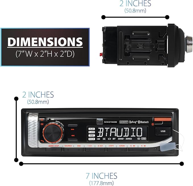 Dual Electronics MXD140B Marine Stereo with Built-in Bluetooth | Single DIN 8-Character Sunlight-Readable LCD Display | AM/FM Stereo Receiver | USB Port with 2.1 A Charging | Black