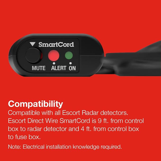 Escort Radar Detector SmartCord Directwire with Red Light for MAX 360, MAX 360c, IX, IXc, 9500 IX, MAX II, MAX 3, MAX 4, MAX 360c MKII, MAX 360 MKII, MAXcam 360c, Redline 360c and Additional Models