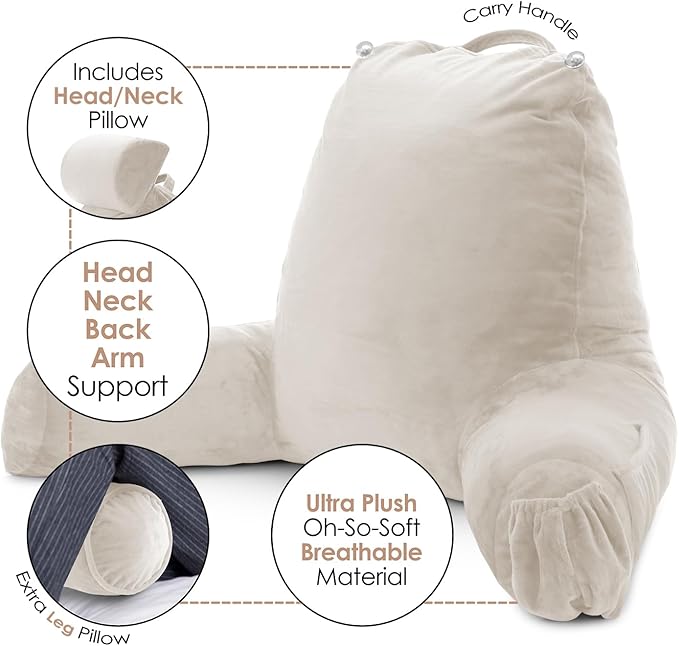 Nestl Reading Pillow with Shredded Memory Foam Includes 2 Neck and Lumber Support Pillows, Designed for Sitting Up in Bed and Couch, Back and Arms Adjustable Support for Adult & Teens, Linen