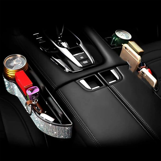 2 Pack Bling Bling Car Seat Organizer Front Seat Gap Filler with Crystal Rhinestones Diamond, PU Leather Car Seat Console Storage Organizer for Car Interior Accessories (2 Pack)