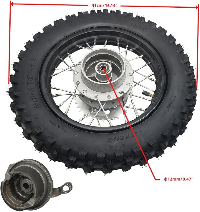 CLEO 80/100-10 Rear Wheel Rim Tire Assembly for 50cc-125cc Dirt Bike taotao TTR SSR CRF Apollo 12mm axle includes Drum Brake and 420-37T sprocket