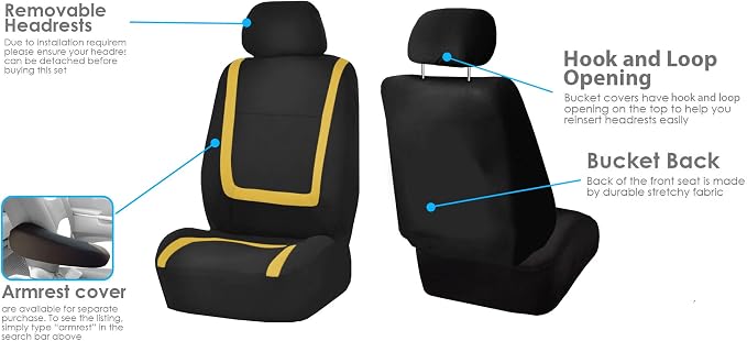 FH Group Automotive Seat Car Covers Unique Flat Cloth Yellow Full Set, Combo Steering Wheel Cover and Seat Belt Pads Rear Solid Bench Universal Fit for Vans Cars Trucks and SUV Interior Accessories