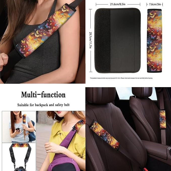 Colorful Butterfly Print 13 PCS Car Seat Cover Set Watercolor Art Butterflies Oil Painting Includes Matching Seat Belt Pads Steering Wheel Cover Car Accessories