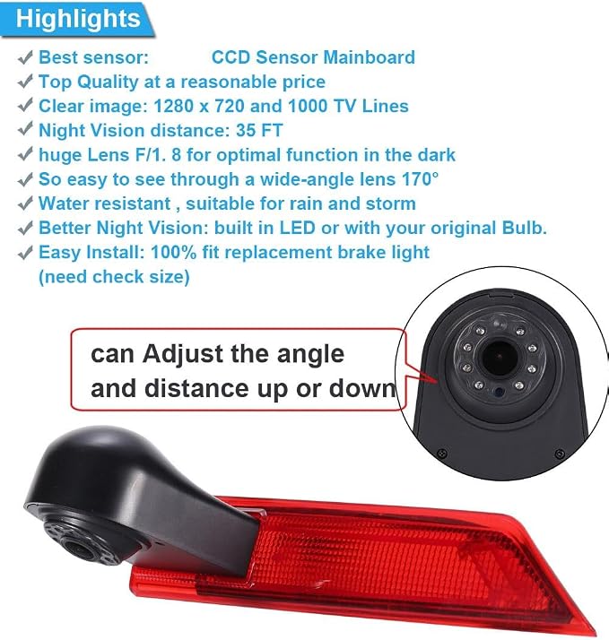 18mm HD Car Third Roof Top Mount Brake Light 3 Rear View Camera Parking Safety Assistant System, Night Vision Waterproof for Ford Transit Custom 2012-2016 Stop lamp Transporter Business MPV SUV Bus