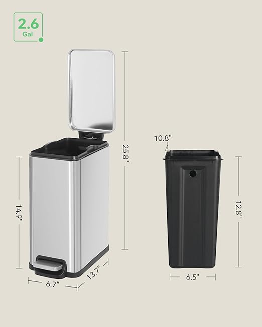 Nunsino Small Bathroom Trash Can with 15 Garbage Bags,2.6 Gallon Stainless Steel Garbage Can with Lid Soft Close,Small Trash Bin for Bathroom,Kitchen,Home Office,Silver