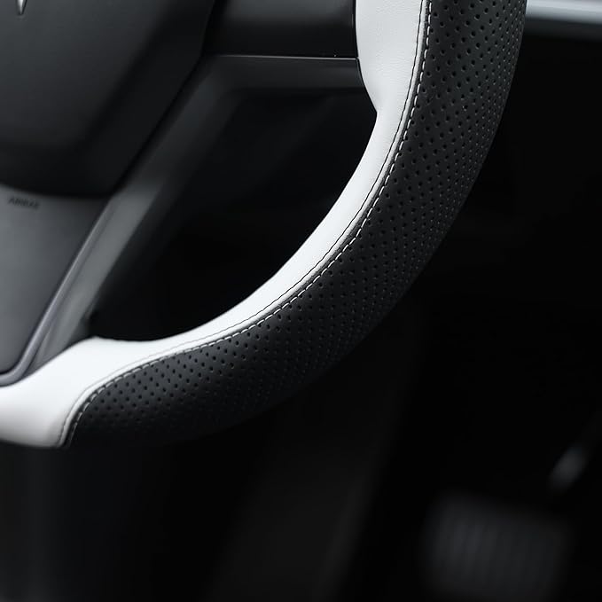 MEWANT Hand Stitched Steering Wheel Cover for Tesla Model 3 2017-2023 Model Y 2020-2023 Black White Microfiber Leather Custom Fit DIY Wrap Interior Accessories