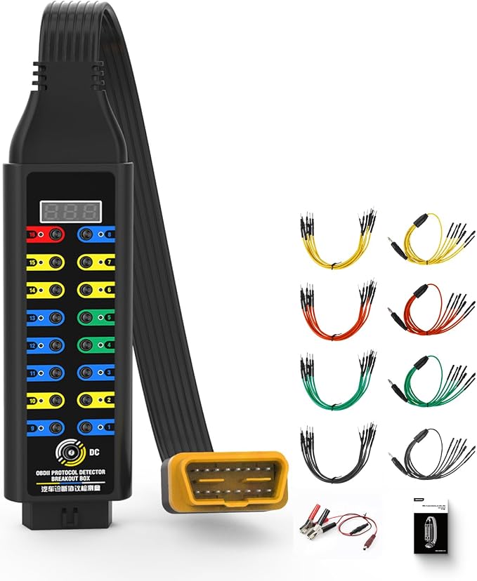 Upgraded OBD2 Breakout Box 16-Pin CAN Diagnostic Tool with LCD Voltage Display & 3-Color LED Indicator, 45cm TPU Cable + 4-Color Jumpers, Works with Multimeter/Oscilloscope, E CU Power Supply