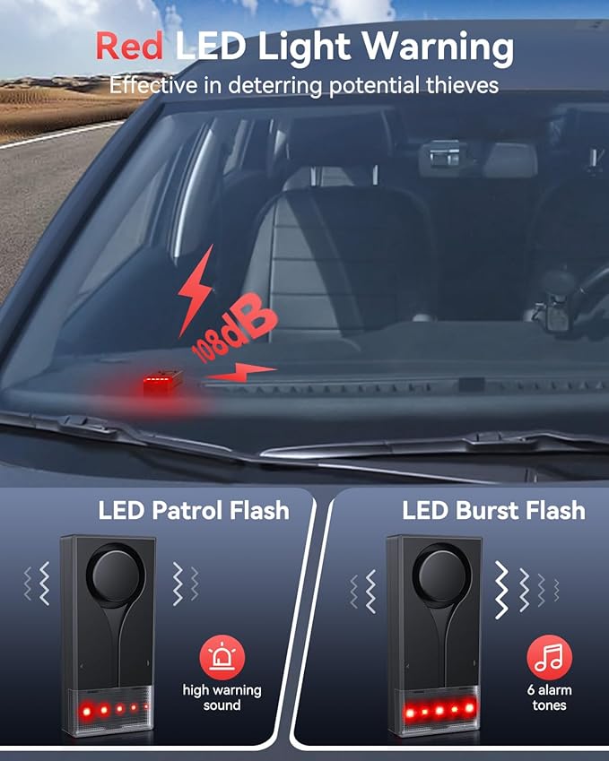 Car Vibration Sound & Light Alarm with Remote, ELECTOP 108dB Automobile Anti-Theft Vibration Alert, Anti-Theft LED Flashing Security Light Wireless Remote Vehicle Security Alert with 2pcs Alarm