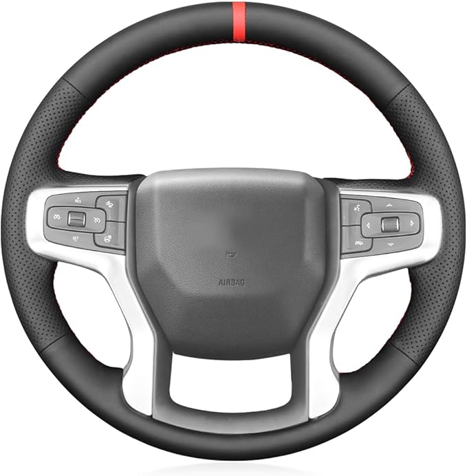 MEWANT Hand Stitch Black Genuine Leather Steering Wheel Cover for Chevy Silverado 1500 Silverado 2500/3500 Blazer
