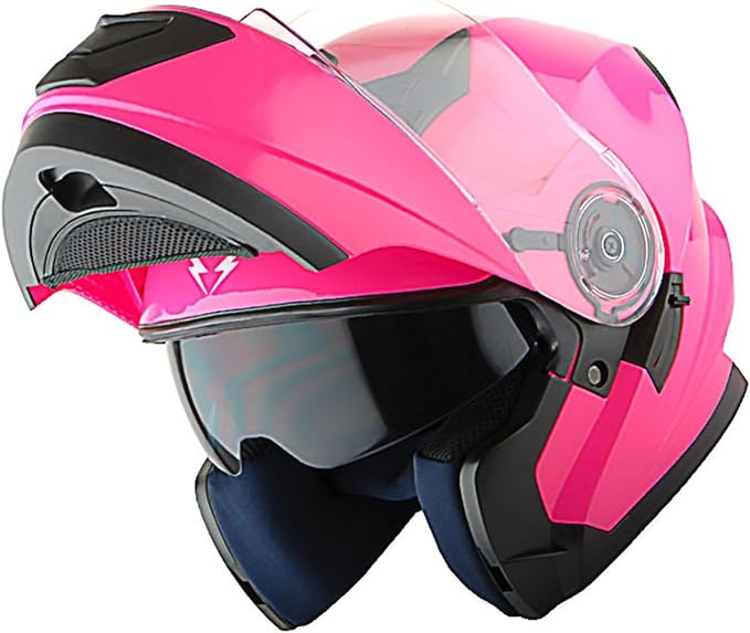 1Storm New Motorcycle Bike Modular Full Face Helmet Dual Visor Sun Shield with Rechargeable LED Tail Light: Glossy Pink