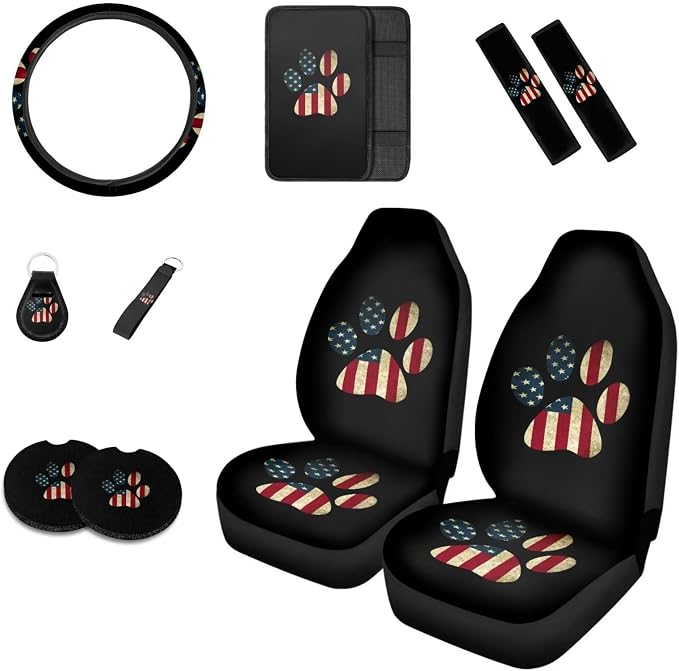 Howilath American Flag Dog Paw Printed Car Front Seat Cover Accessories 10pcs Center Console Cover and Flower Steering Wheel Covers for Women Men