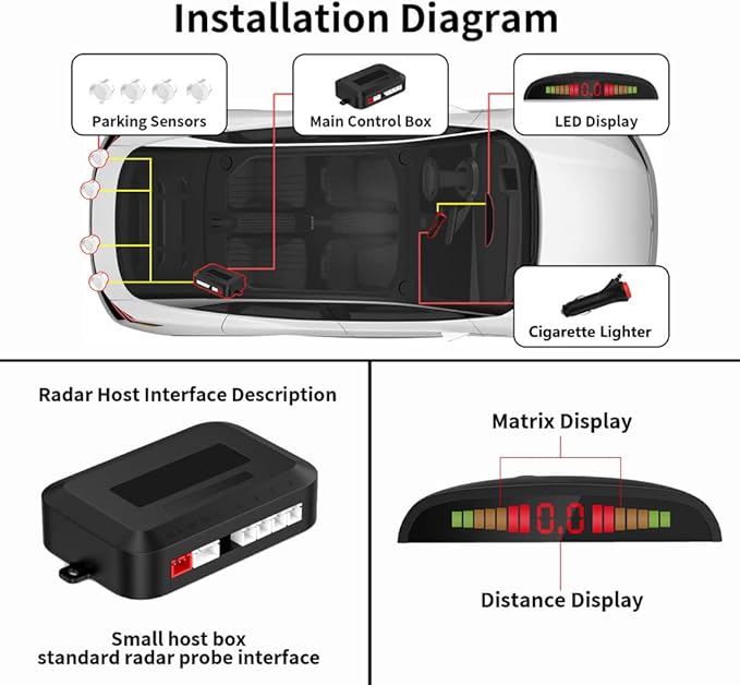Cordless Parking Sensor, Reverse Radar System with 4 Car Backup Sensors, LED Distance Display with Sound Warning + 4 White Parking Sensors for Cars, Vans, RVs, and Trailers
