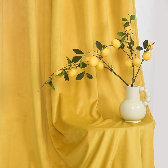 Roslynwood Luxury Soft Warm Yellow Velvet Curtains 84 inches Long Back Tab Thermal Insulated Blackout Window Drapes for Living Room/Bedroom/Dining Room, W52 x L84, 2 Panels